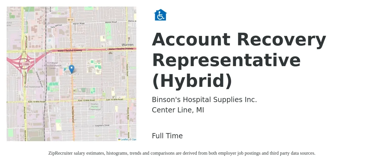Binson's Hospital Supplies Inc. job posting for a Account Recovery Representative (Hybrid) in Center Line, MI with a salary of $17 to $25 Hourly with a map of Center Line location.