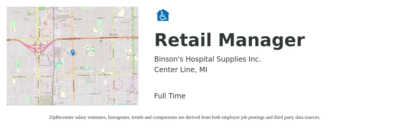 Binson's Hospital Supplies Inc. job posting for a Retail Manager in Center Line, MI with a salary of $17 to $26 Hourly with a map of Center Line location.