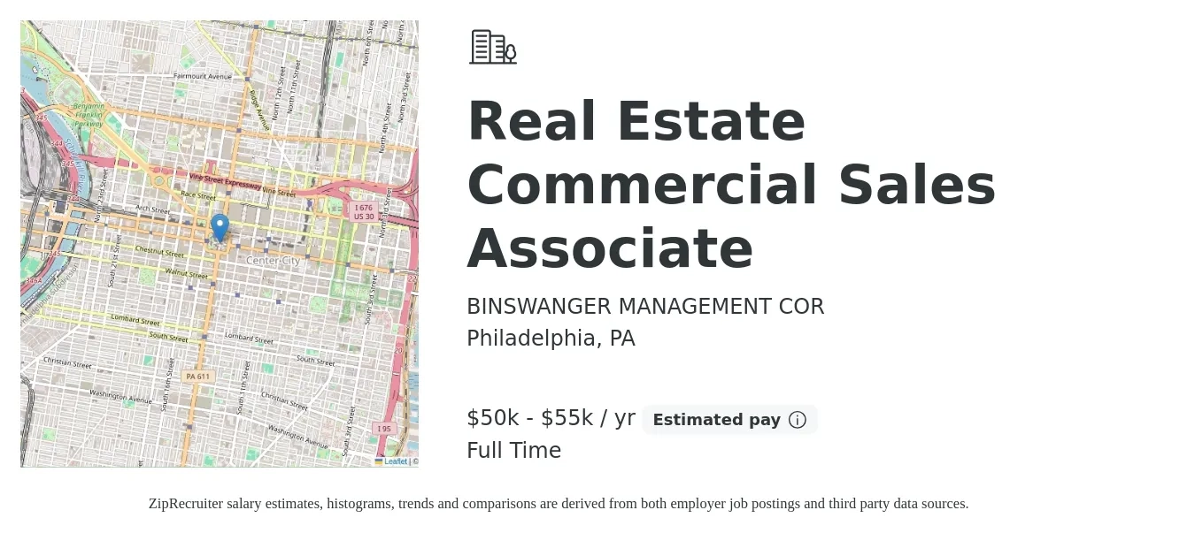 BINSWANGER MANAGEMENT COR job posting for a Real Estate Commercial Sales Associate in Philadelphia, PA with a salary of $50,000 to $55,000 Yearly with a map of Philadelphia location.