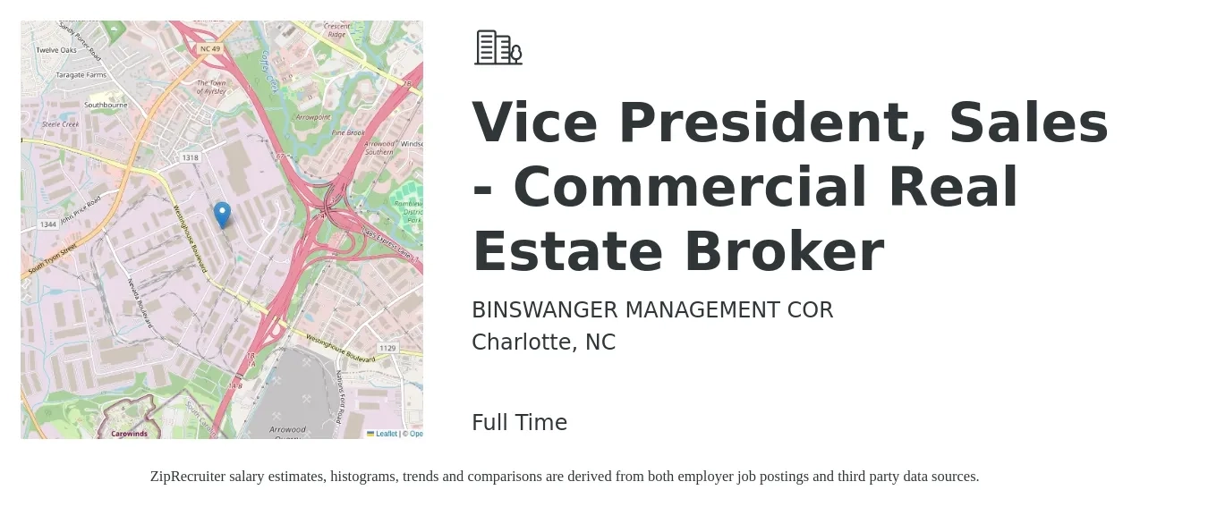 BINSWANGER MANAGEMENT COR job posting for a Vice President, Sales - Commercial Real Estate Broker in Charlotte, NC with a salary of $28,000 to $261,600 Yearly with a map of Charlotte location.
