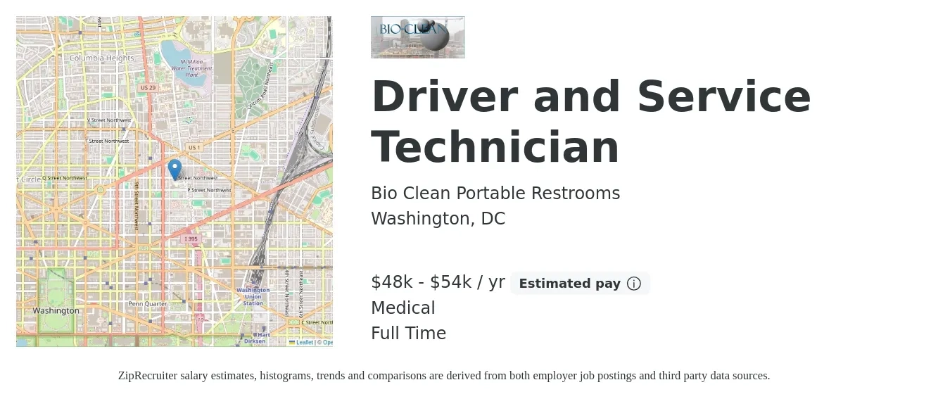 Bio Clean Portable Restrooms job posting for a Driver and Service Technician in Washington, DC with a salary of $48,200 to $54,640 Yearly (plus commission) and benefits including retirement, life_insurance, and medical with a map of Washington location.