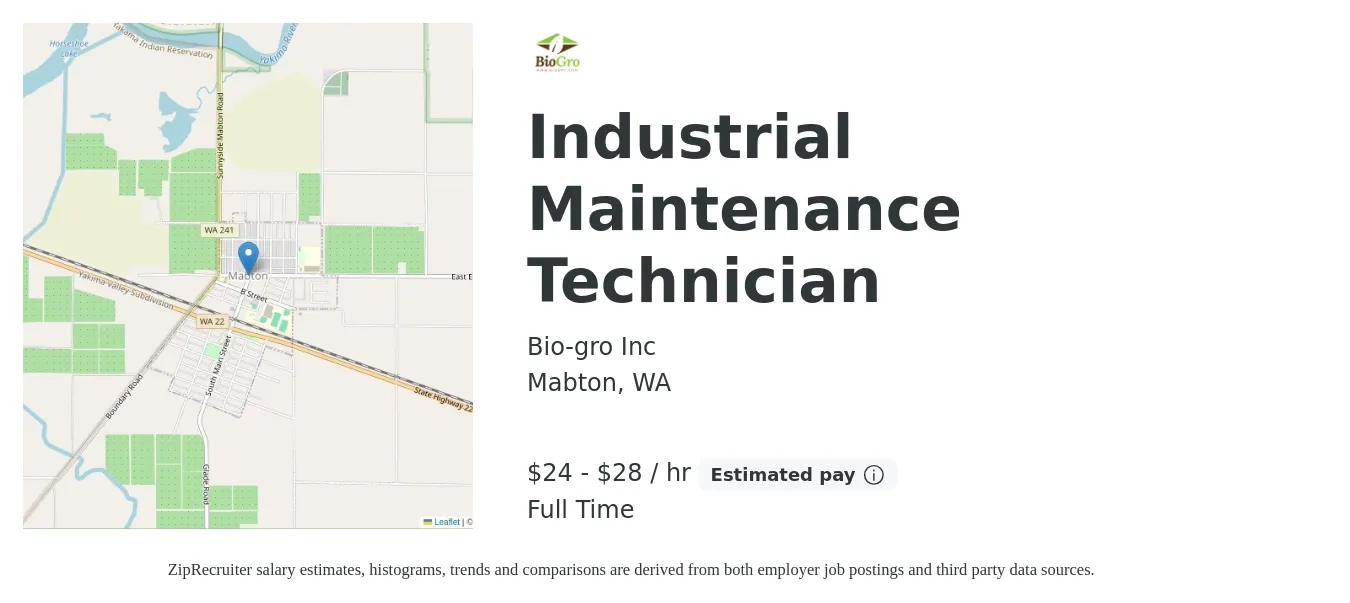 Bio-gro Inc job posting for a Industrial Maintenance Technician in Mabton, WA with a salary of $25 to $30 Hourly with a map of Mabton location.