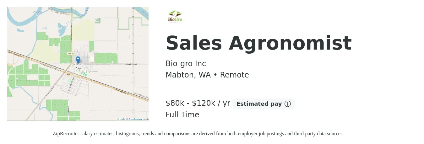 Bio-gro Inc job posting for a Sales Agronomist in Mabton, WA with a salary of $80,000 to $120,000 Yearly with a map of Mabton location.