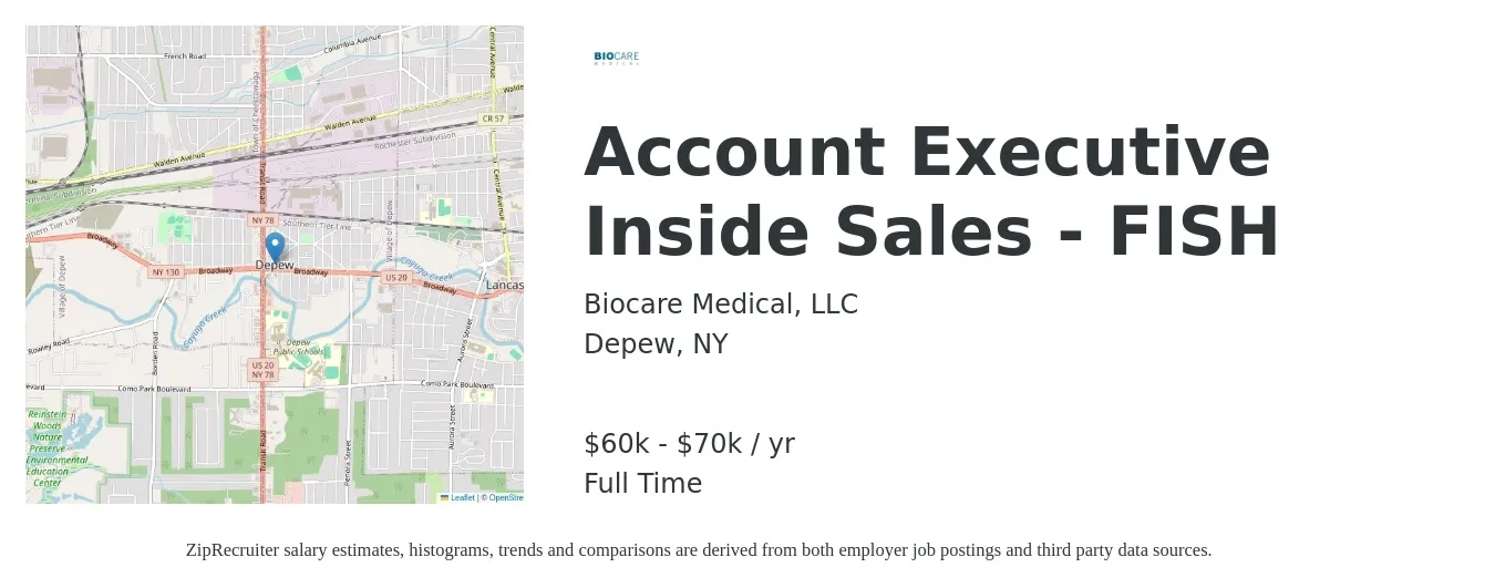 Biocare Medical, LLC job posting for a Account Executive Inside Sales - FISH in Depew, NY with a salary of $60,000 to $70,000 Yearly with a map of Depew location.