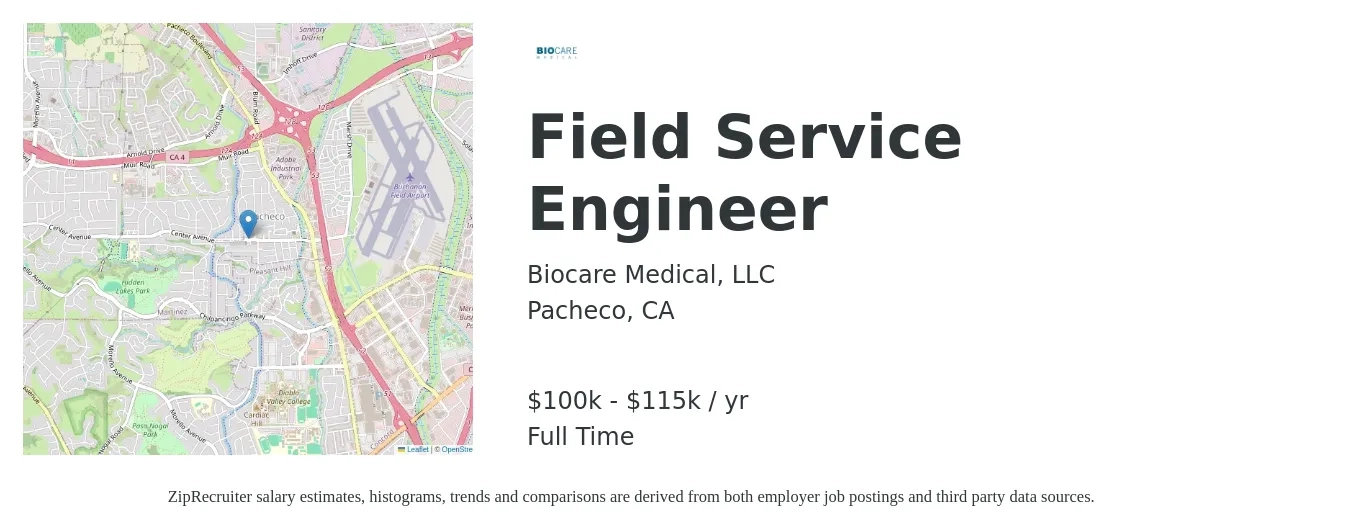 Biocare Medical, LLC job posting for a Field Service Engineer in Pacheco, CA with a salary of $100,000 to $115,000 Yearly with a map of Pacheco location.