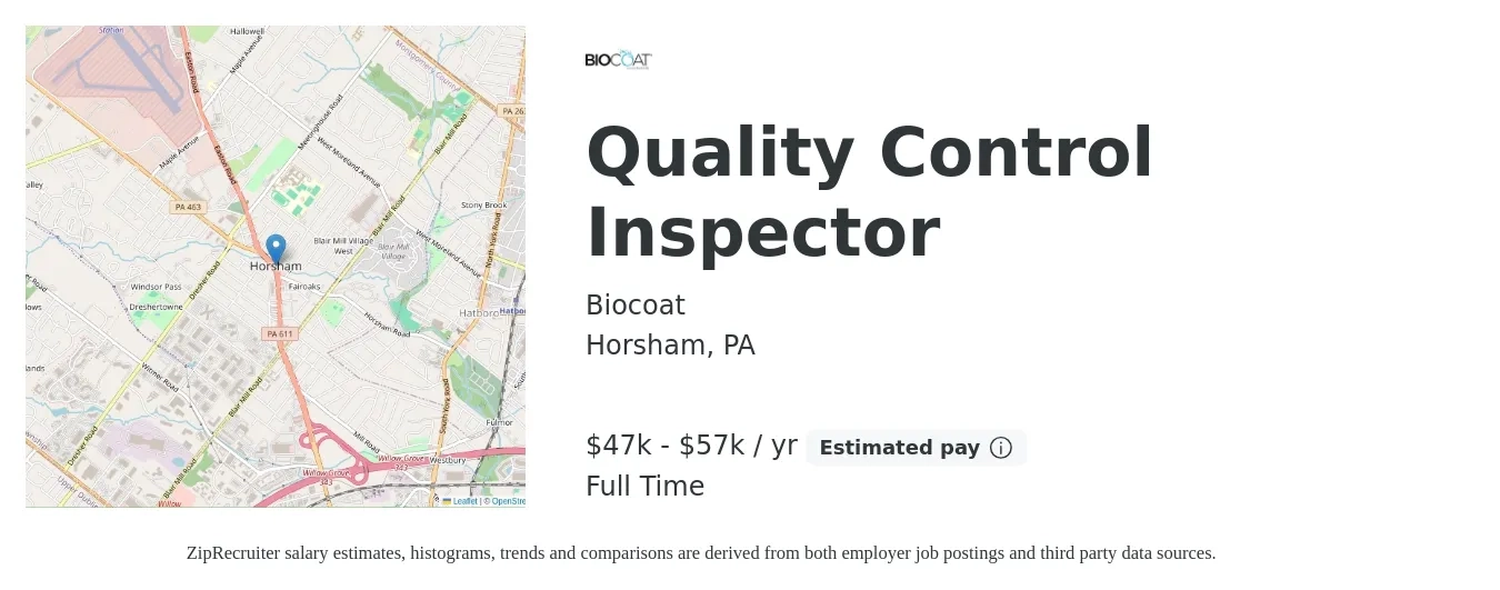 Biocoat job posting for a Quality Control Inspector in Horsham, PA with a salary of $47,000 to $57,000 Yearly with a map of Horsham location.