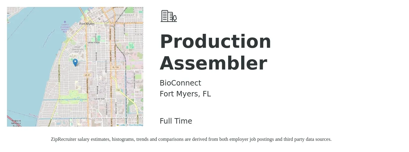 BioConnect job posting for a Production Assembler in Fort Myers, FL with a salary of $15 to $18 Hourly with a map of Fort Myers location.