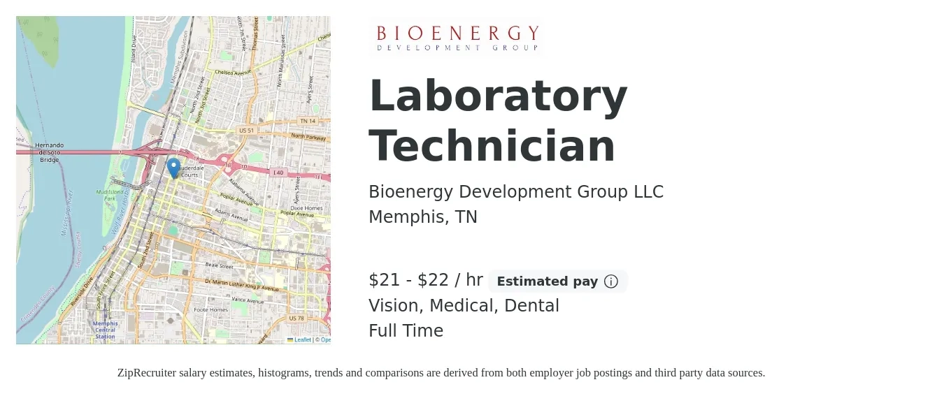 Bioenergy Development Group LLC job posting for a Laboratory Technician in Memphis, TN with a salary of $22 to $23 Hourly and benefits including life_insurance, medical, pto, retirement, vision, and dental with a map of Memphis location.