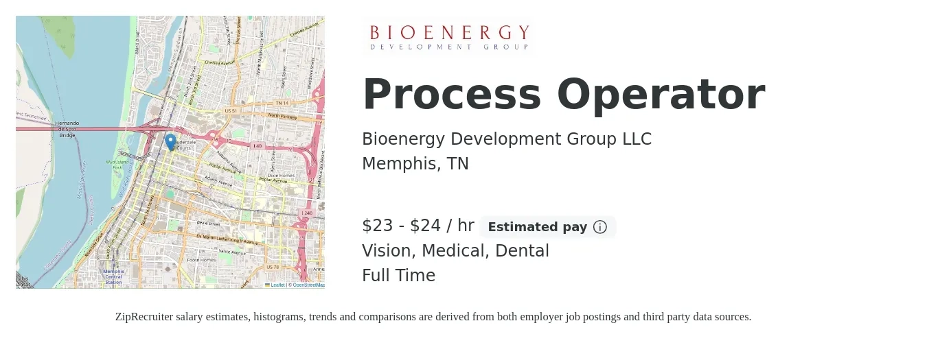 Bioenergy Development Group LLC job posting for a Process Operator in Memphis, TN with a salary of $24 to $25 Hourly and benefits including dental, life_insurance, medical, retirement, and vision with a map of Memphis location.