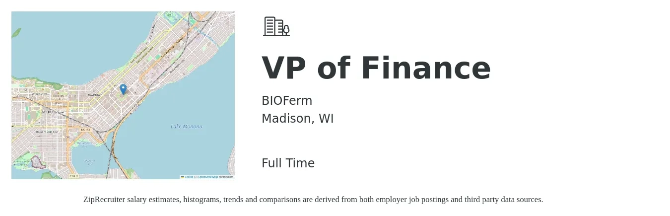 BIOFerm job posting for a VP of Finance in Madison, WI with a salary of $136,100 to $197,900 Yearly with a map of Madison location.