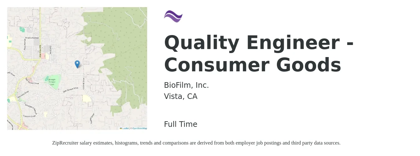 BIO FILM INC job posting for a Quality Engineer - Consumer Goods in Vista, CA with a salary of $80,000 to $100,000 Yearly with a map of Vista location.