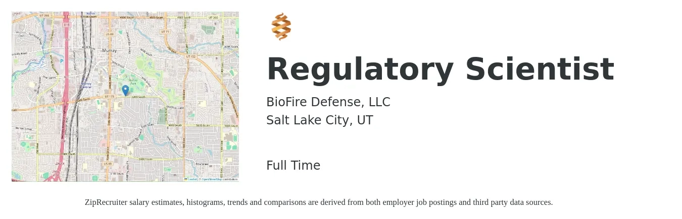 BioFire Defense, LLC job posting for a Regulatory Scientist in Salt Lake City, UT with a salary of $90,000 to $100,000 Yearly with a map of Salt Lake City location.