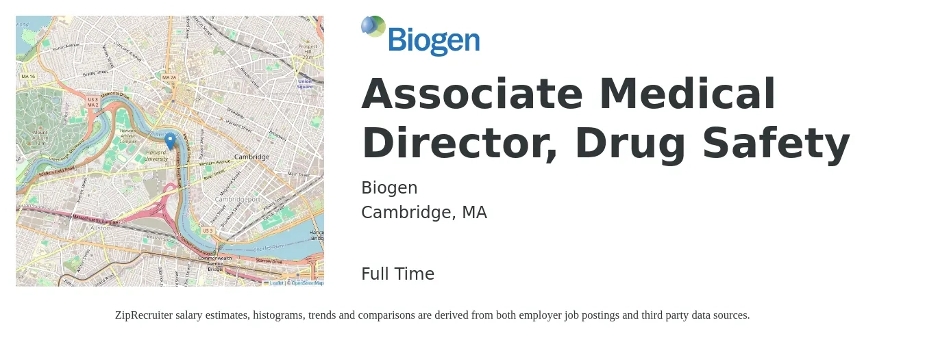 Biogen job posting for a Associate Medical Director, Drug Safety in Cambridge, MA with a salary of $64 to $189 Hourly with a map of Cambridge location.
