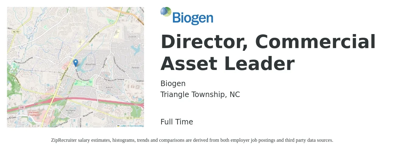 Biogen job posting for a Director, Commercial Asset Leader in Triangle Township, NC with a salary of $41,000 to $183,800 Yearly with a map of Triangle Township location.