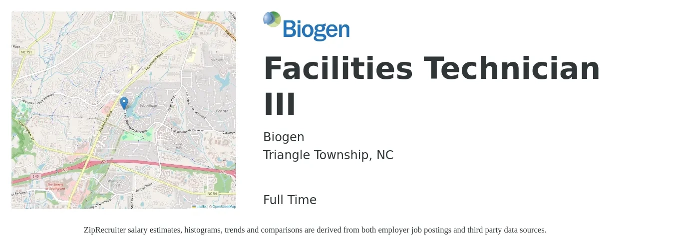 Biogen job posting for a Facilities Technician III in Triangle Township, NC with a salary of $18 to $26 Hourly with a map of Triangle Township location.