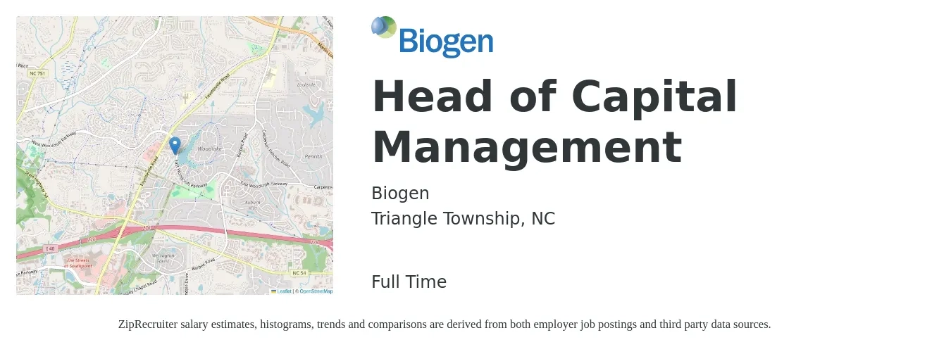 Biogen job posting for a Head of Capital Management in Triangle Township, NC with a salary of $86,700 to $190,400 Yearly with a map of Triangle Township location.