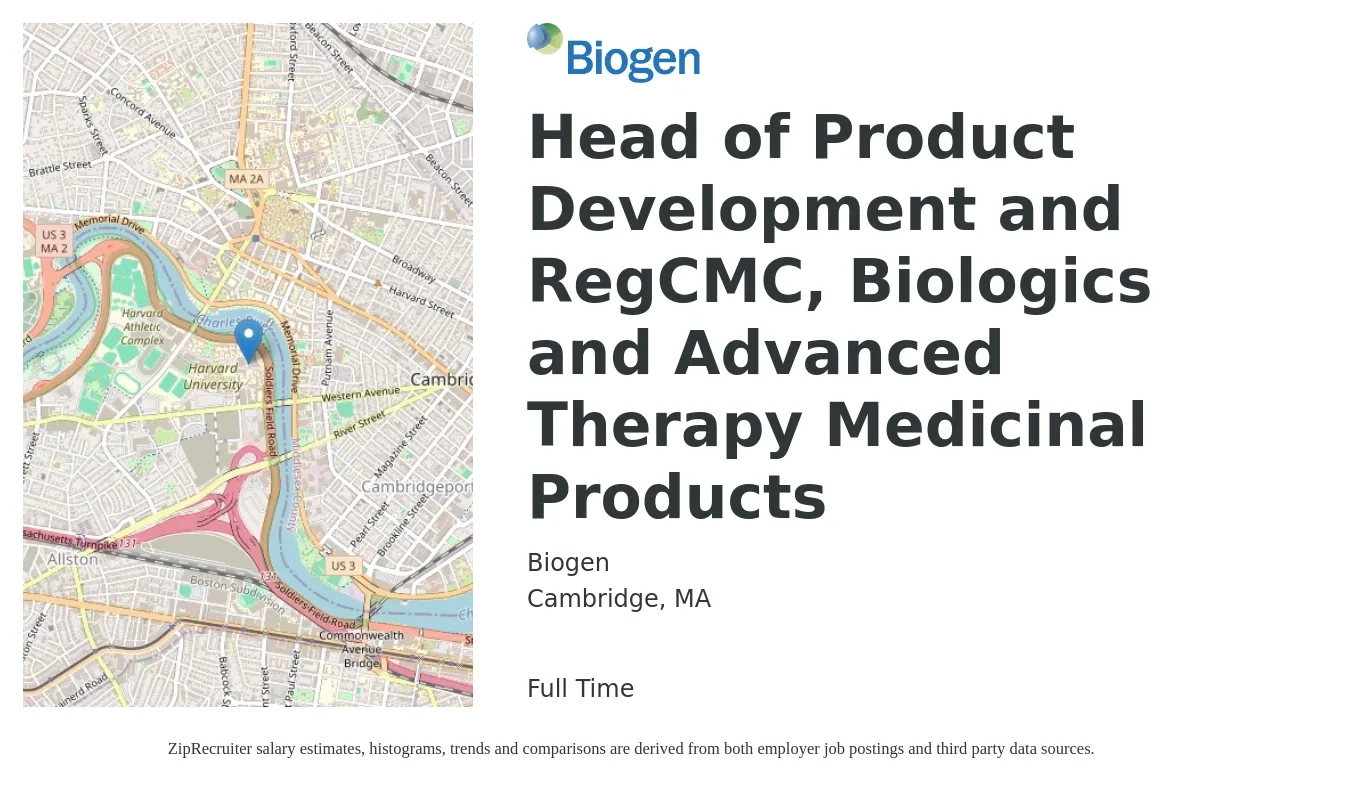 Biogen job posting for a Head of Product Development and RegCMC, Biologics and Advanced Therapy Medicinal Products in Cambridge, MA with a salary of £254,700 to £266,700 Yearly with a map of Cambridge location.