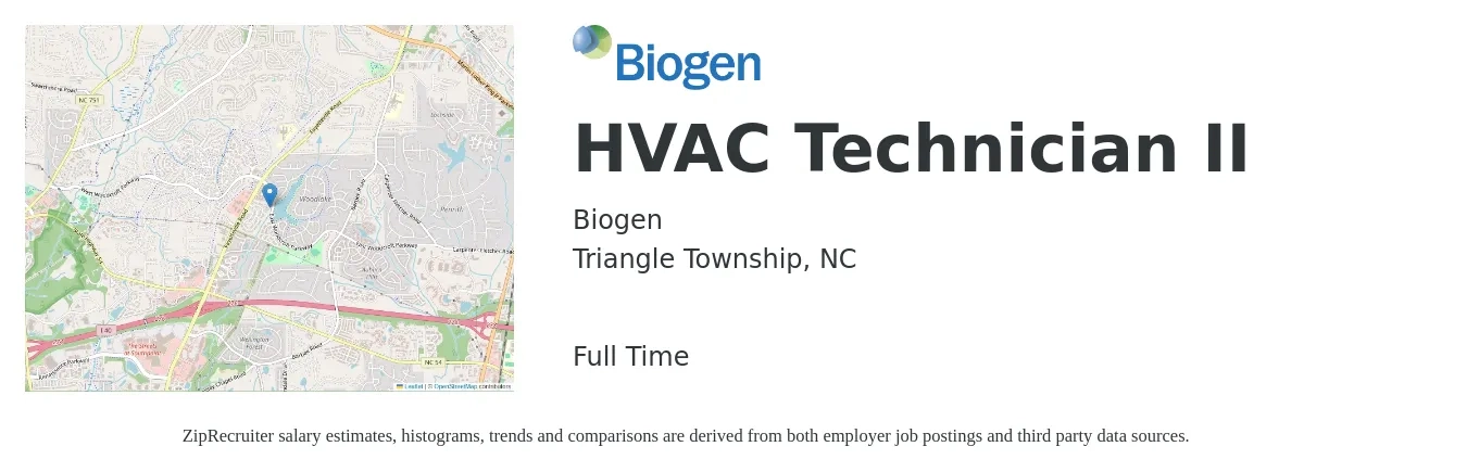 Biogen job posting for a HVAC Technician II in Triangle Township, NC with a salary of $22 to $31 Hourly with a map of Triangle Township location.