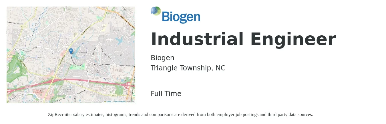 Biogen job posting for a Industrial Engineer in Triangle Township, NC with a salary of $66,000 to $89,100 Yearly with a map of Triangle Township location.