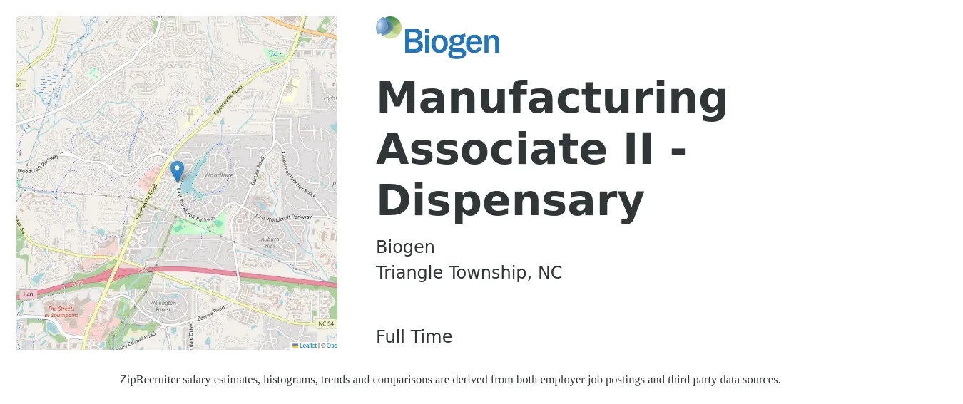 Biogen job posting for a Manufacturing Associate II - Dispensary in Triangle Township, NC with a salary of $16 to $23 Hourly with a map of Triangle Township location.