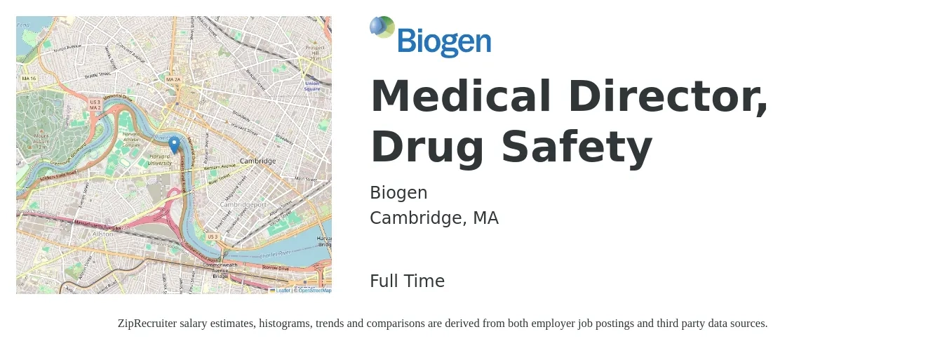 Biogen job posting for a Medical Director, Drug Safety in Cambridge, MA with a salary of $109,300 to $226,200 Yearly with a map of Cambridge location.