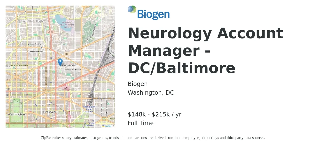 Biogen job posting for a Neurology Account Manager - DC/Baltimore in Washington, DC with a salary of £148,800 to £215,800 Yearly with a map of Washington location.