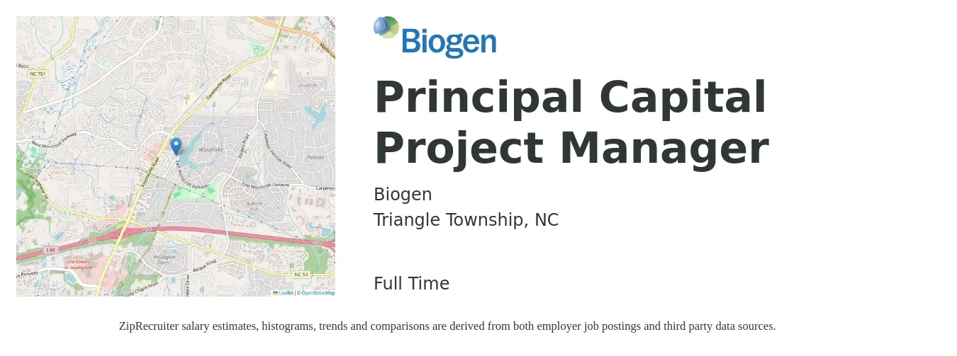 Biogen job posting for a Principal Capital Project Manager in Triangle Township, NC with a salary of $74,000 to $115,900 Yearly with a map of Triangle Township location.