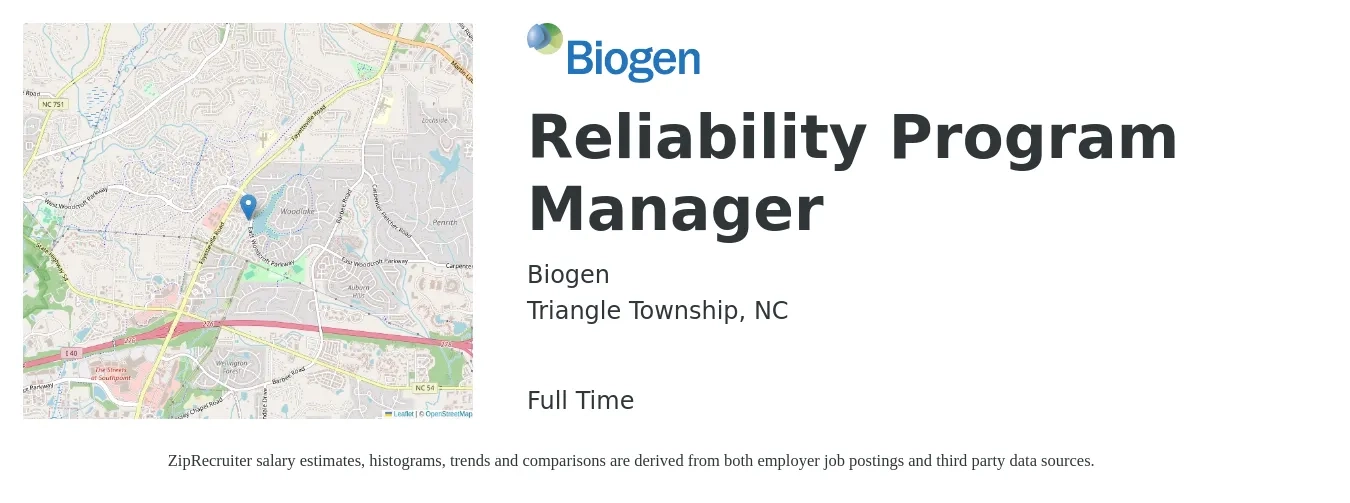 Biogen job posting for a Reliability Program Manager in Triangle Township, NC with a salary of $89,100 to $131,900 Yearly with a map of Triangle Township location.