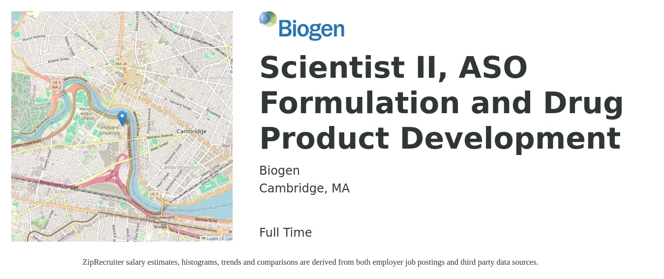 Biogen job posting for a Scientist II, ASO Formulation and Drug Product Development in Cambridge, MA with a salary of $75,400 to $103,300 Yearly with a map of Cambridge location.