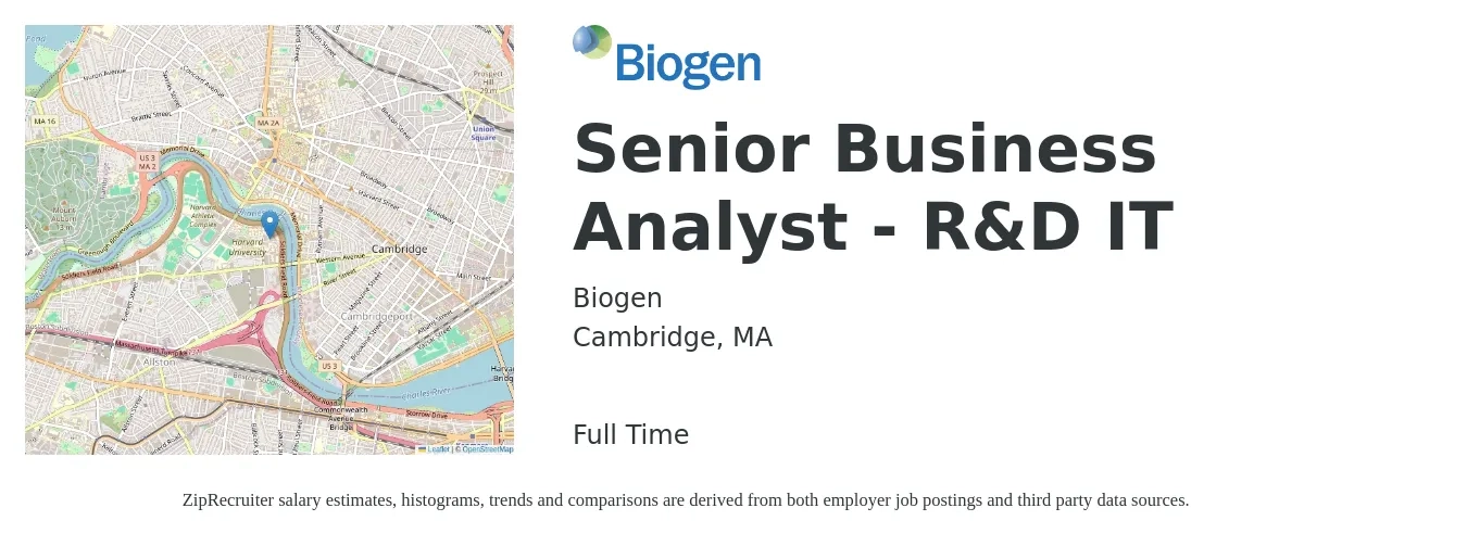 Biogen job posting for a Senior Business Analyst - R&D IT in Cambridge, MA with a salary of $94,000 to $125,700 Yearly with a map of Cambridge location.