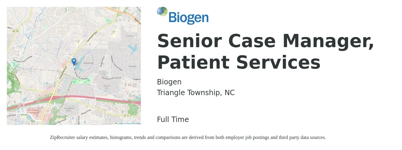 Biogen job posting for a Senior Case Manager, Patient Services in Triangle Township, NC with a salary of $47,100 to $109,800 Yearly with a map of Triangle Township location.