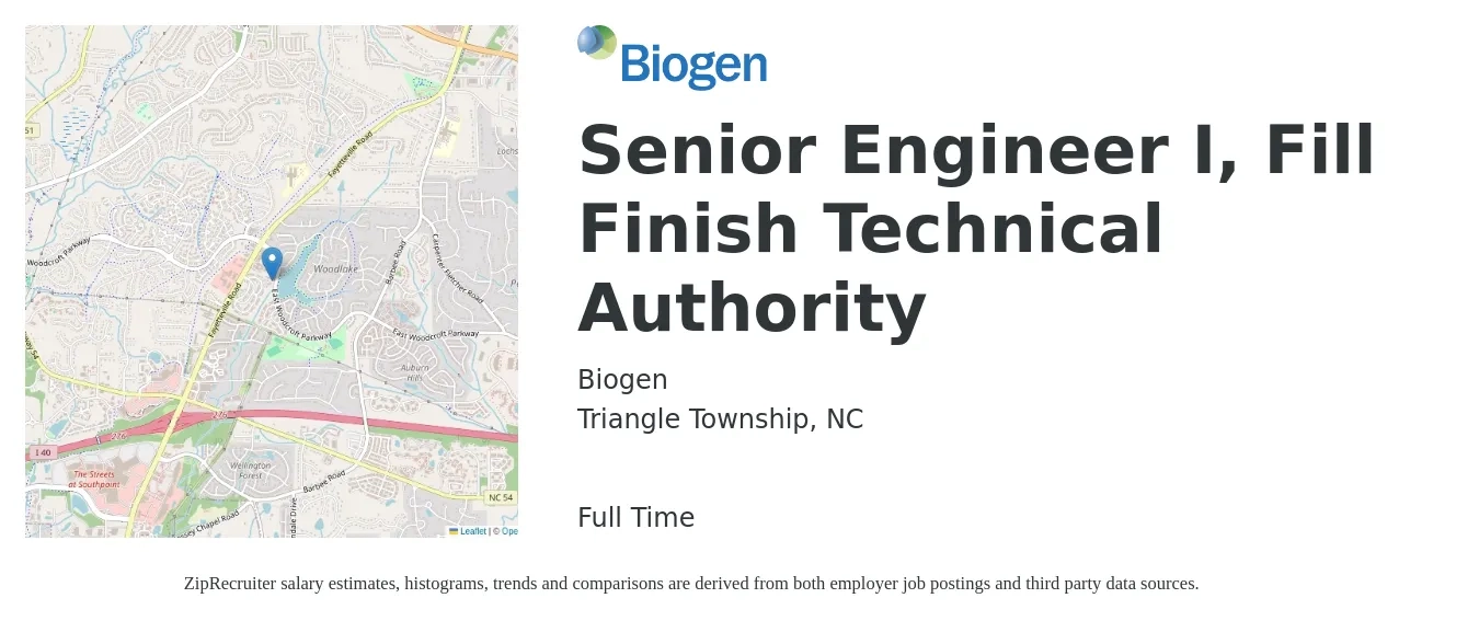 Biogen job posting for a Senior Engineer I, Fill Finish Technical Authority in Triangle Township, NC with a salary of $98,500 to $135,200 Yearly with a map of Triangle Township location.