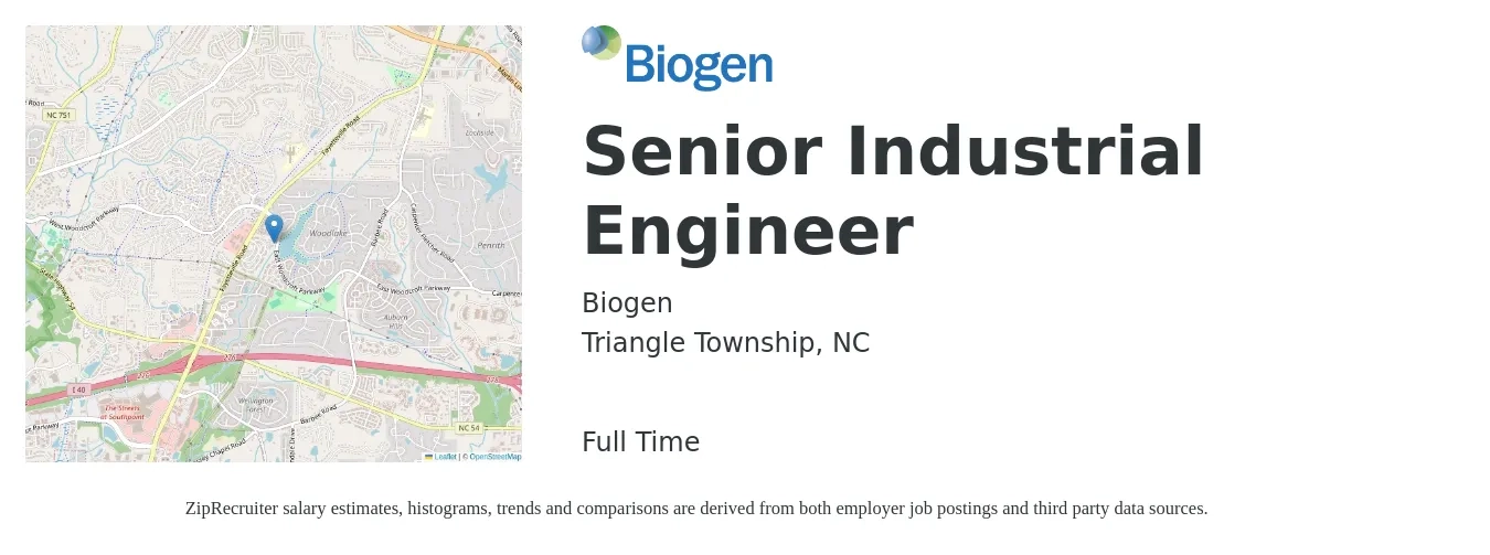 Biogen job posting for a Senior Industrial Engineer in Triangle Township, NC with a salary of $40 to $55 Hourly with a map of Triangle Township location.