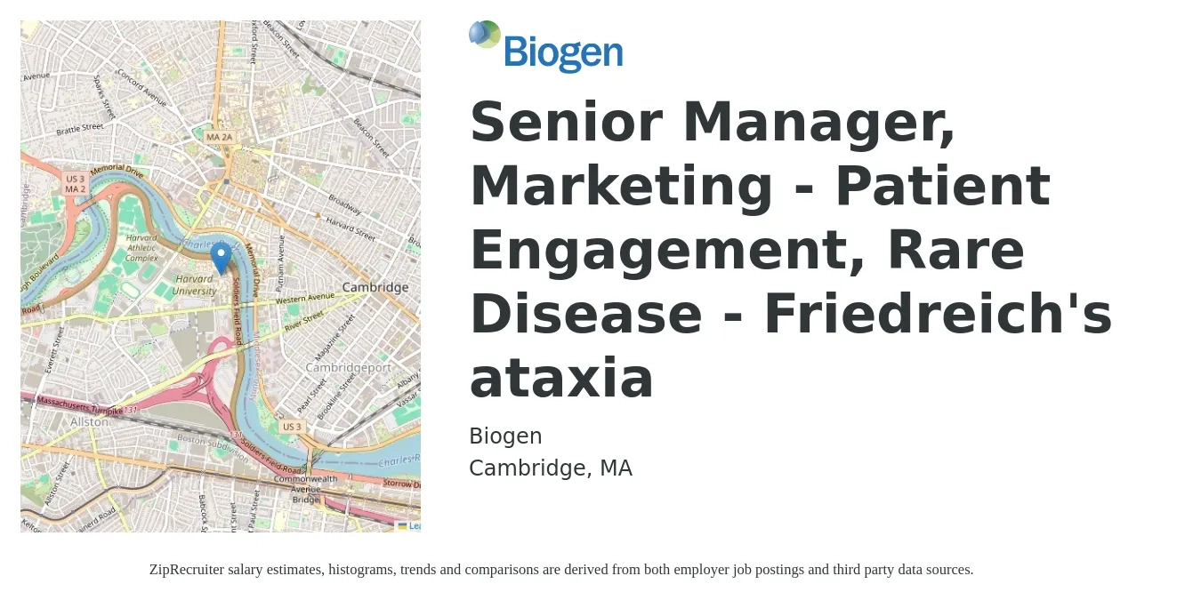 Biogen job posting for a Senior Manager, Marketing - Patient Engagement, Rare Disease - Friedreich's ataxia in Cambridge, MA with a salary of $98,400 to $143,200 Yearly with a map of Cambridge location.