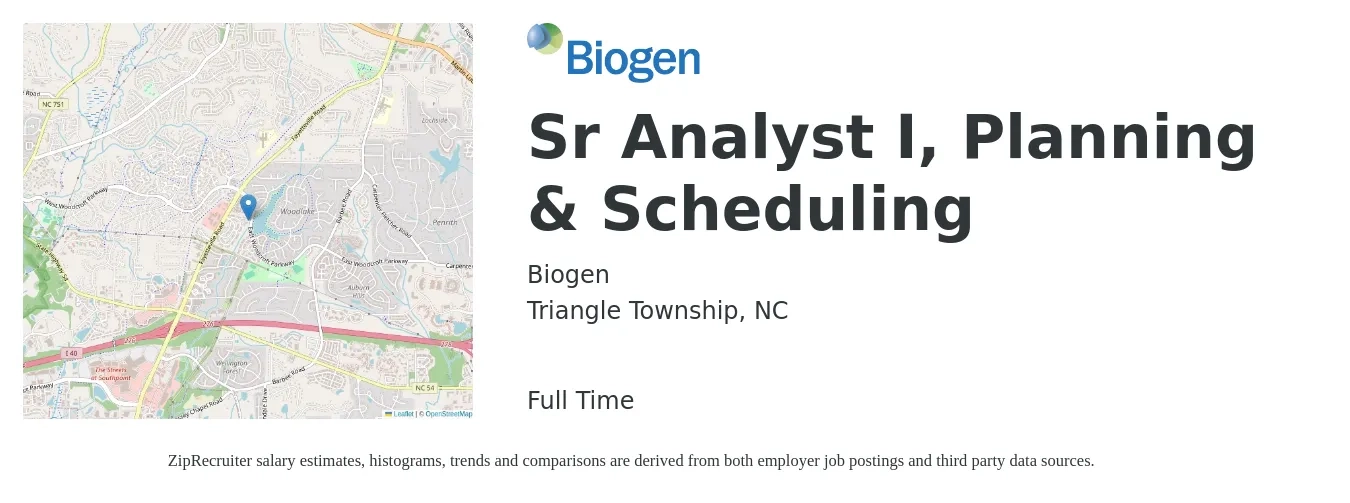 Biogen job posting for a Sr Analyst I, Planning & Scheduling in Triangle Township, NC with a salary of $49,900 to $98,000 Yearly with a map of Triangle Township location.
