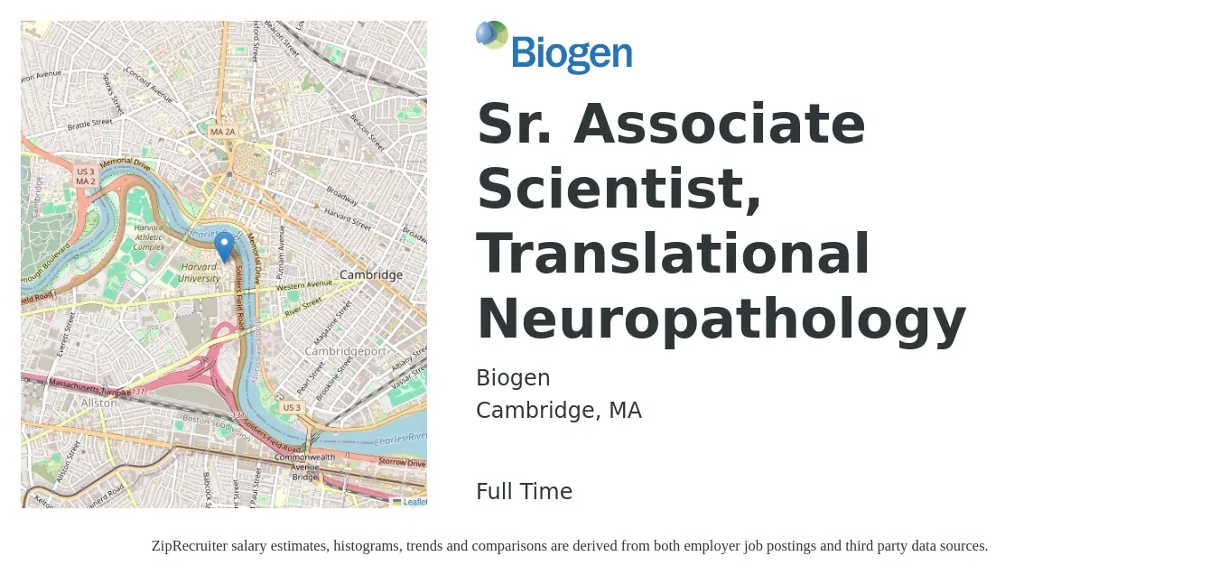Biogen job posting for a Sr. Associate Scientist, Translational Neuropathology in Cambridge, MA with a salary of $32 to $46 Hourly with a map of Cambridge location.