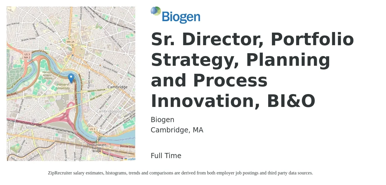 Biogen job posting for a Sr. Director, Portfolio Strategy, Planning and Process Innovation, BI&O in Cambridge, MA with a salary of £112,600 to £153,000 Yearly with a map of Cambridge location.