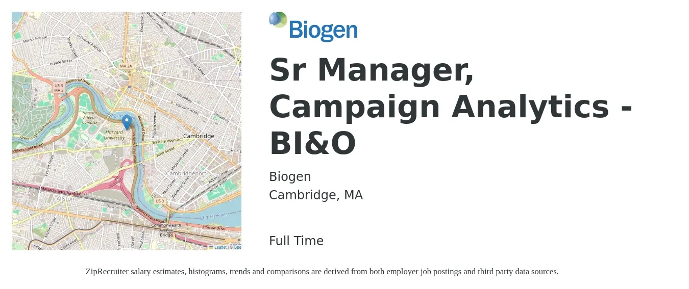 Biogen job posting for a Sr Manager, Campaign Analytics - BI&O in Cambridge, MA with a salary of $25 to $50 Hourly with a map of Cambridge location.