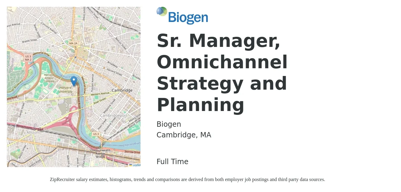 Biogen job posting for a Sr. Manager, Omnichannel Strategy and Planning in Cambridge, MA with a salary of $97,800 to $138,300 Yearly with a map of Cambridge location.