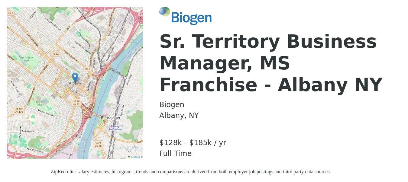 Biogen job posting for a Sr. Territory Business Manager, MS Franchise - Albany NY in Albany, NY with a salary of $128,200 to $185,900 Yearly with a map of Albany location.