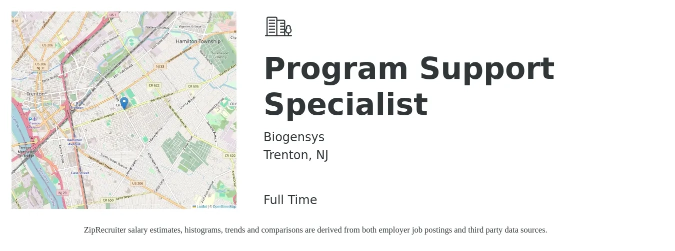 Biogensys job posting for a Program Support Specialist in Trenton, NJ with a salary of $46,000 to $85,100 Yearly with a map of Trenton location.