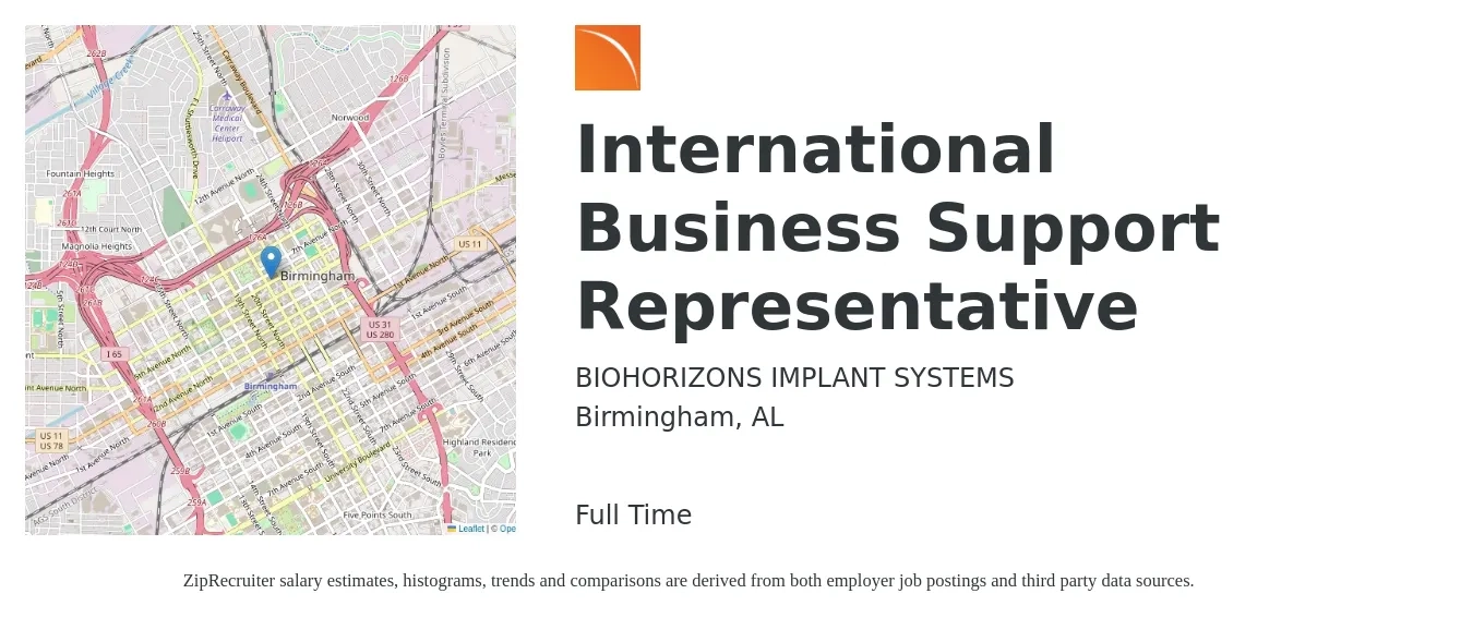 BIOHORIZONS IMPLANT SYSTEMS job posting for a International Business Support Representative in Birmingham, AL with a salary of $17 to $23 Hourly with a map of Birmingham location.