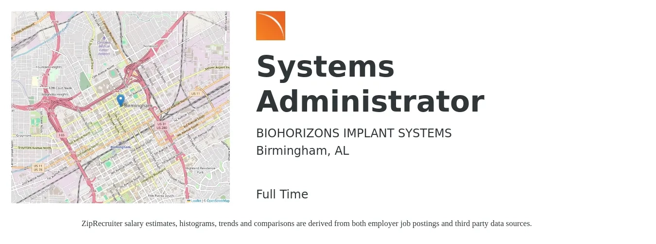 BIOHORIZONS IMPLANT SYSTEMS job posting for a Systems Administrator in Birmingham, AL with a salary of $65,600 to $97,500 Yearly with a map of Birmingham location.