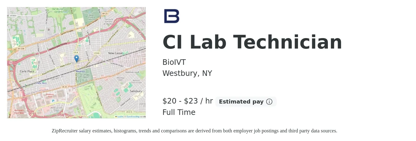 BioIVT job posting for a CI Lab Technician in Westbury, NY with a salary of $21 to $24 Hourly with a map of Westbury location.