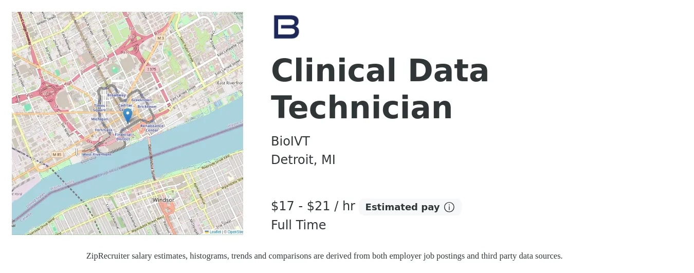 BioIVT job posting for a Clinical Data Technician in Detroit, MI with a salary of $18 to $22 Hourly with a map of Detroit location.