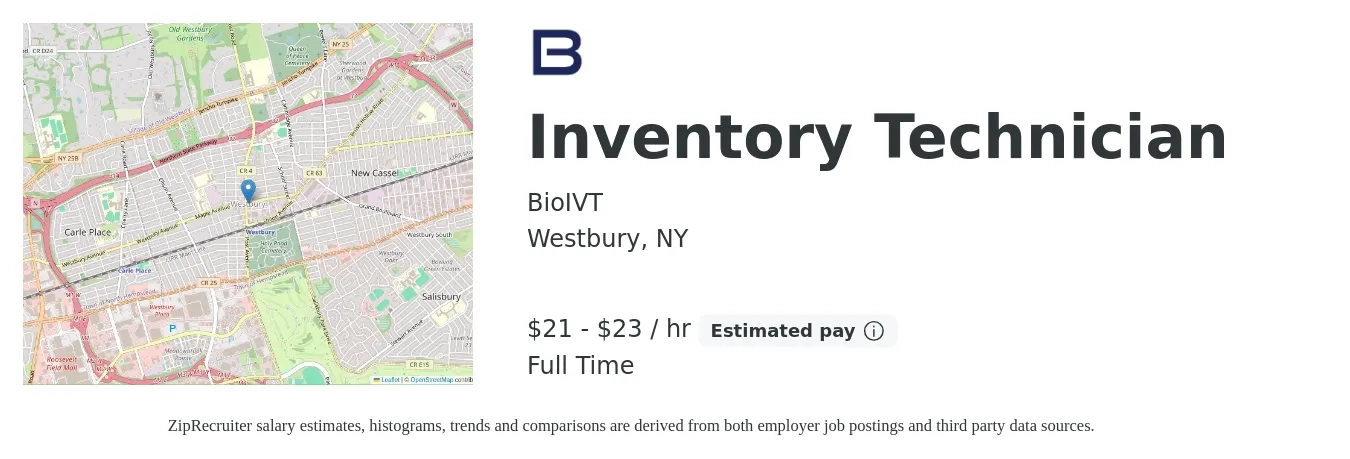 BioIVT job posting for a Inventory Technician in Westbury, NY with a salary of $22 to $24 Hourly with a map of Westbury location.