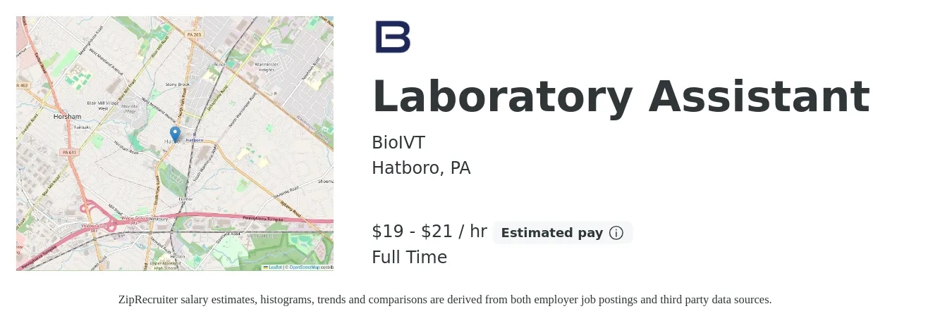 BioIVT job posting for a Laboratory Assistant in Hatboro, PA with a salary of $20 to $22 Hourly with a map of Hatboro location.
