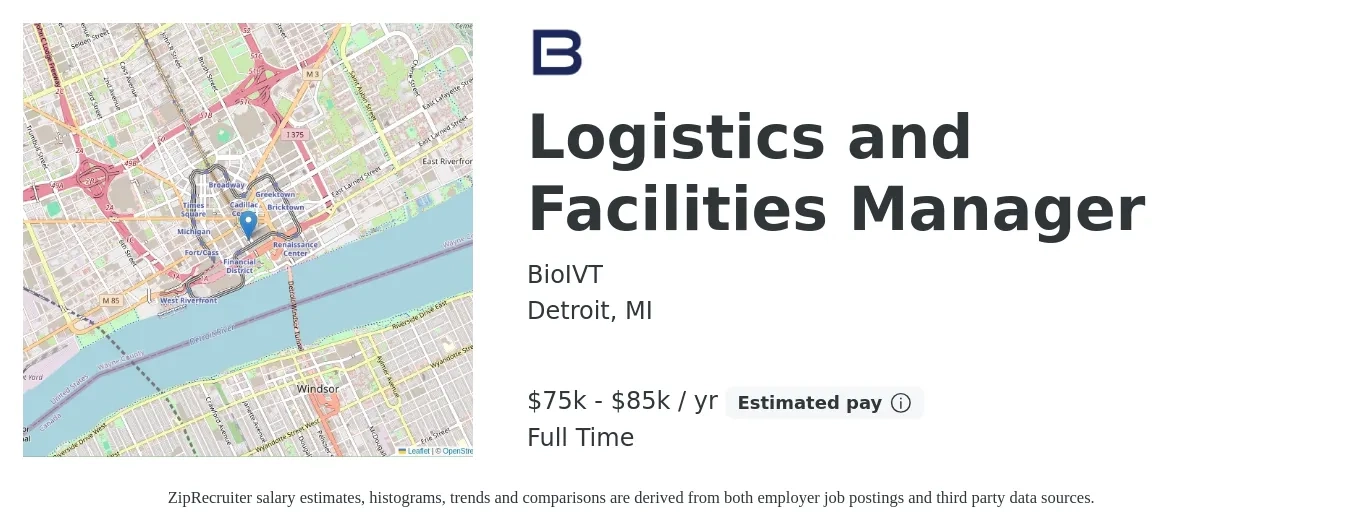 BioIVT job posting for a Logistics and Facilities Manager in Detroit, MI with a salary of $75,000 to $85,000 Yearly with a map of Detroit location.