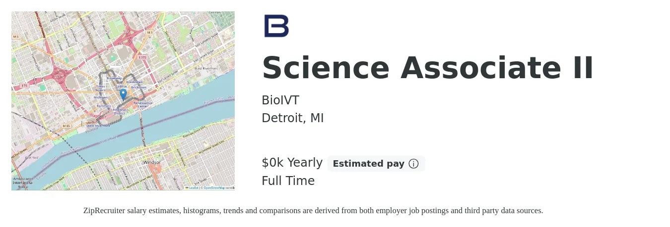 BioIVT job posting for a Science Associate II in Detroit, MI with a salary of $22 to $25 Yearly with a map of Detroit location.