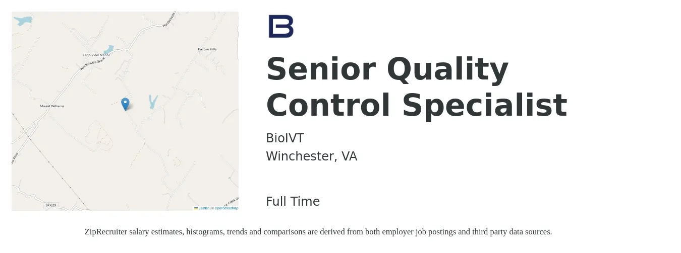 BioIVT job posting for a Senior Quality Control Specialist in Winchester, VA with a salary of $81,900 to $112,600 Yearly with a map of Winchester location.